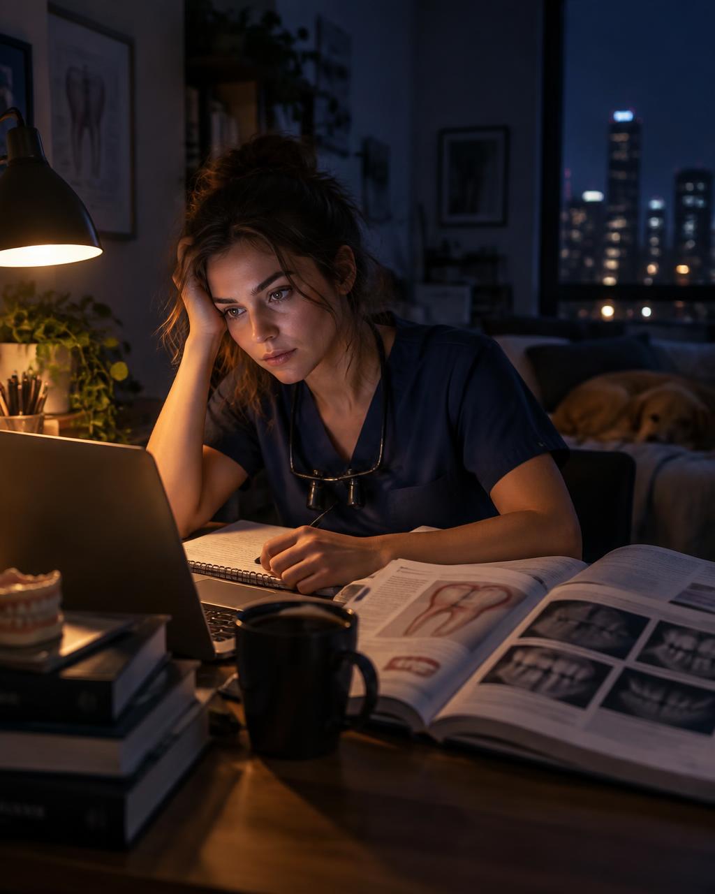 Dentista estudando tarde da noite após longo dia de atendimento
